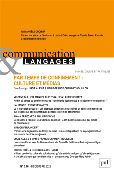 Communication & langages, n°218. Par temps de confinement : cultures & médias | 