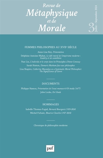 Revue de métaphysique et de morale, n°3 (2024). Femmes philosophes au XVIIe siècle | 