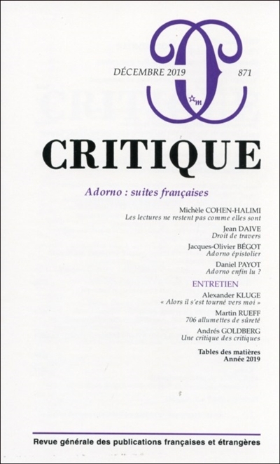 Critique, n° 871 - Adorno : suites françaises | 